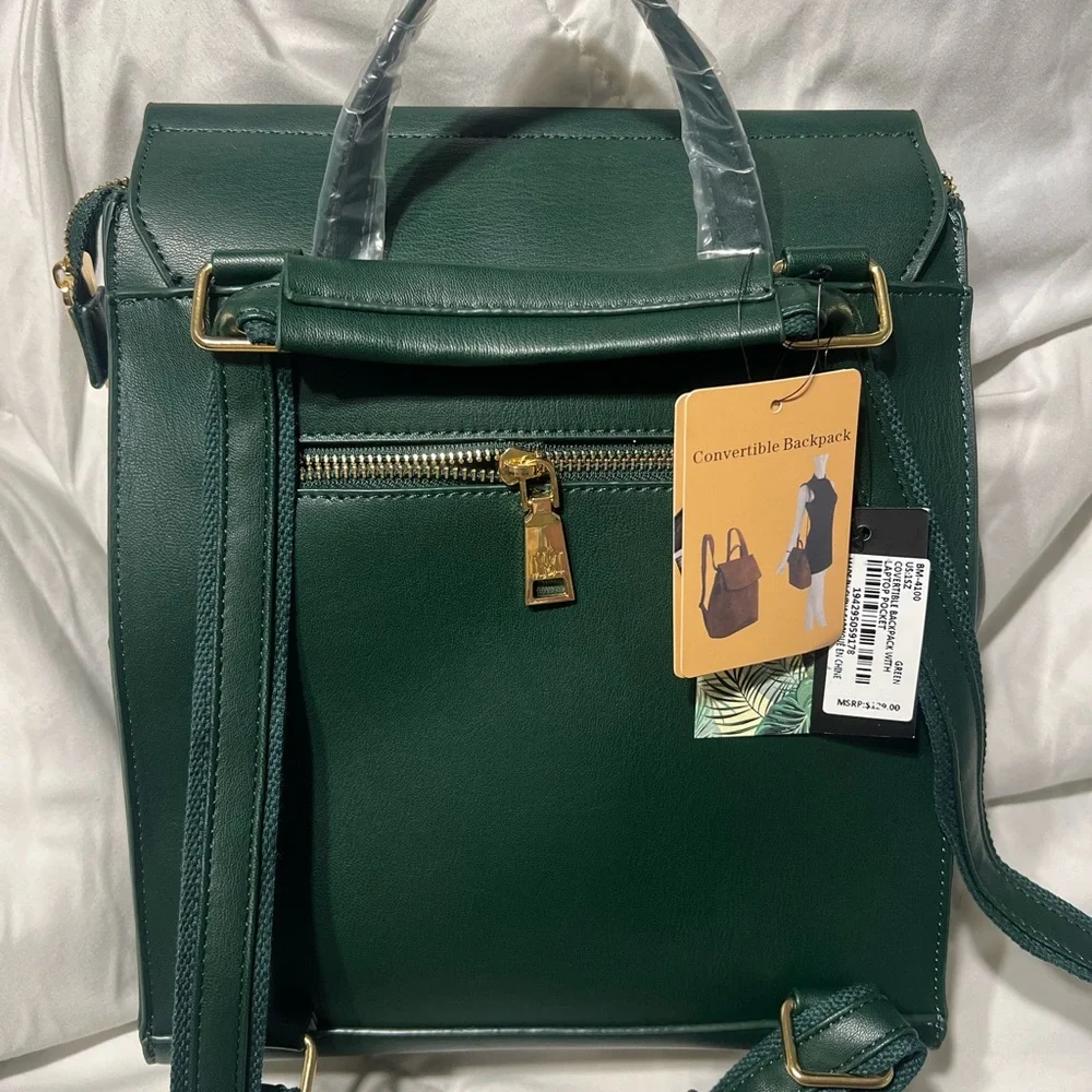 Badgley Mischka Green Leather Backpack with Gold Emblem - Picture 2 of 4